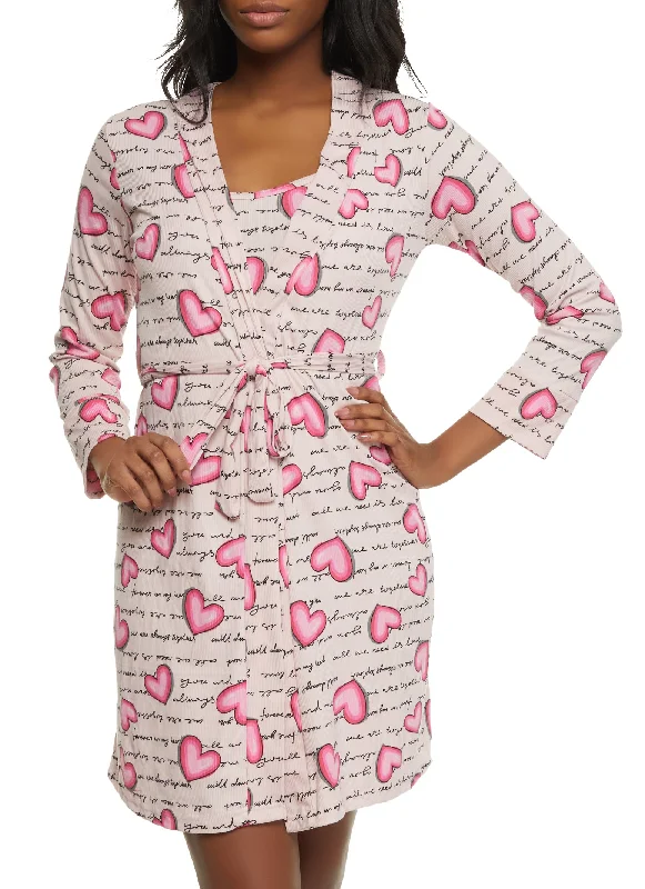 Ribbed Love Candy Print Cami Nightgown and Robe